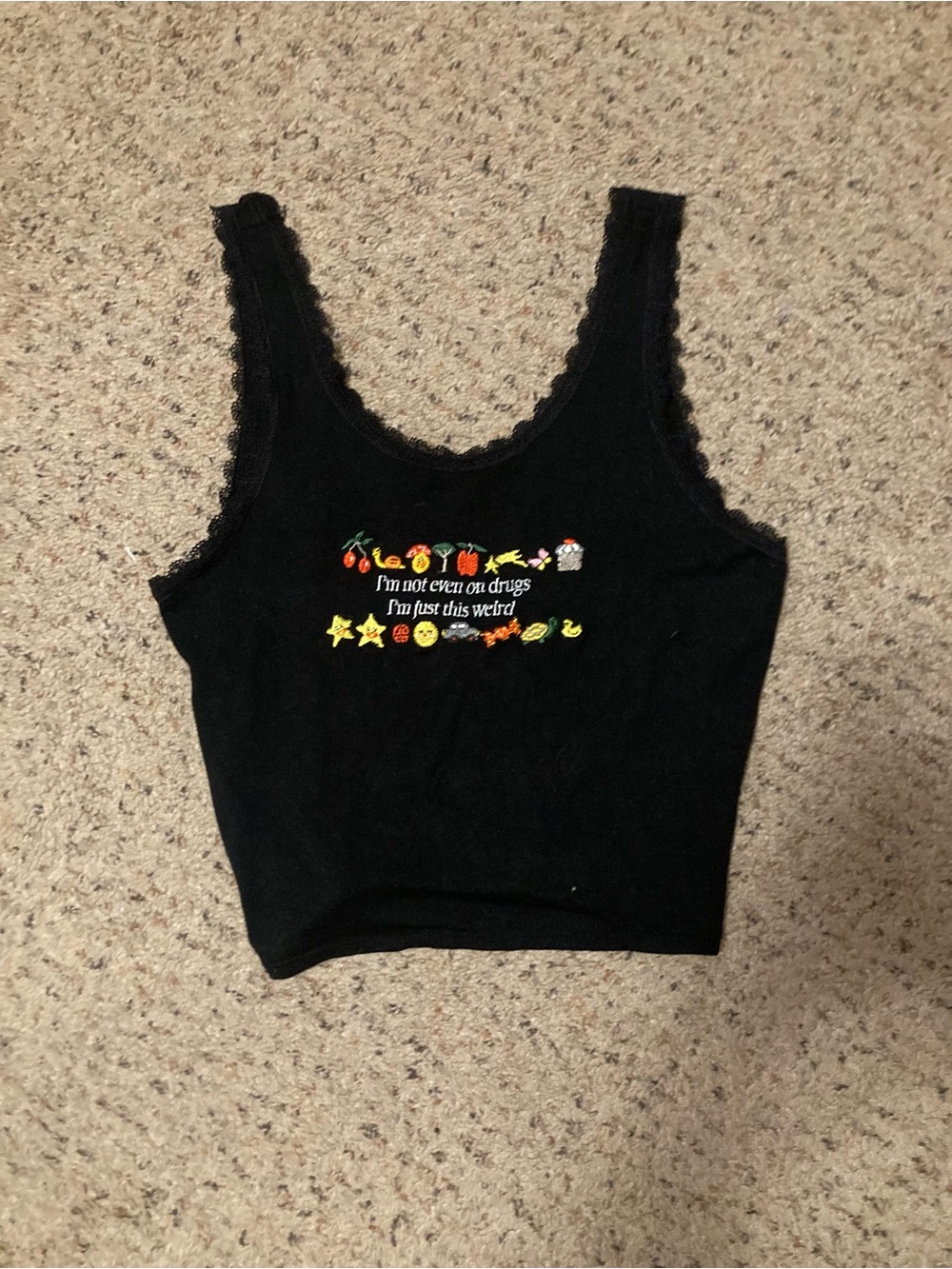 Omighty embroidered Just This Weird black cropped tank with lace trim and icons